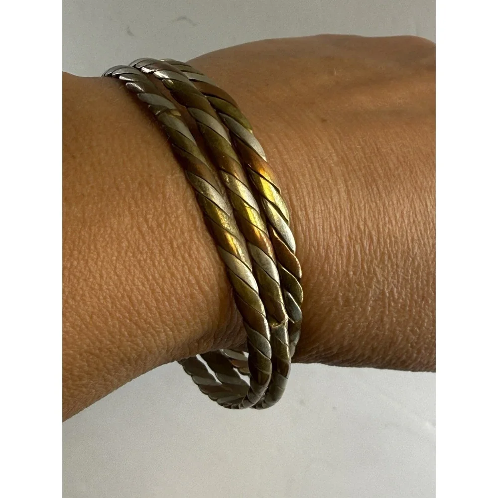 Vintage Twisted Bangle Bracelet Set 3 Brass Copper Mixed Metal Braided Stacking